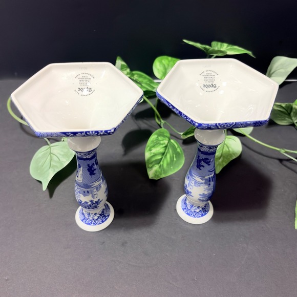 Spode Blue Italian Candlesticks Pair Made in England Hexagonal Base 7\